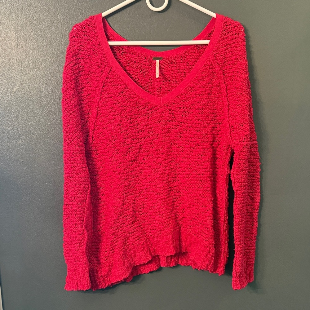 Free People Vibrant Red V-Neck Sweater